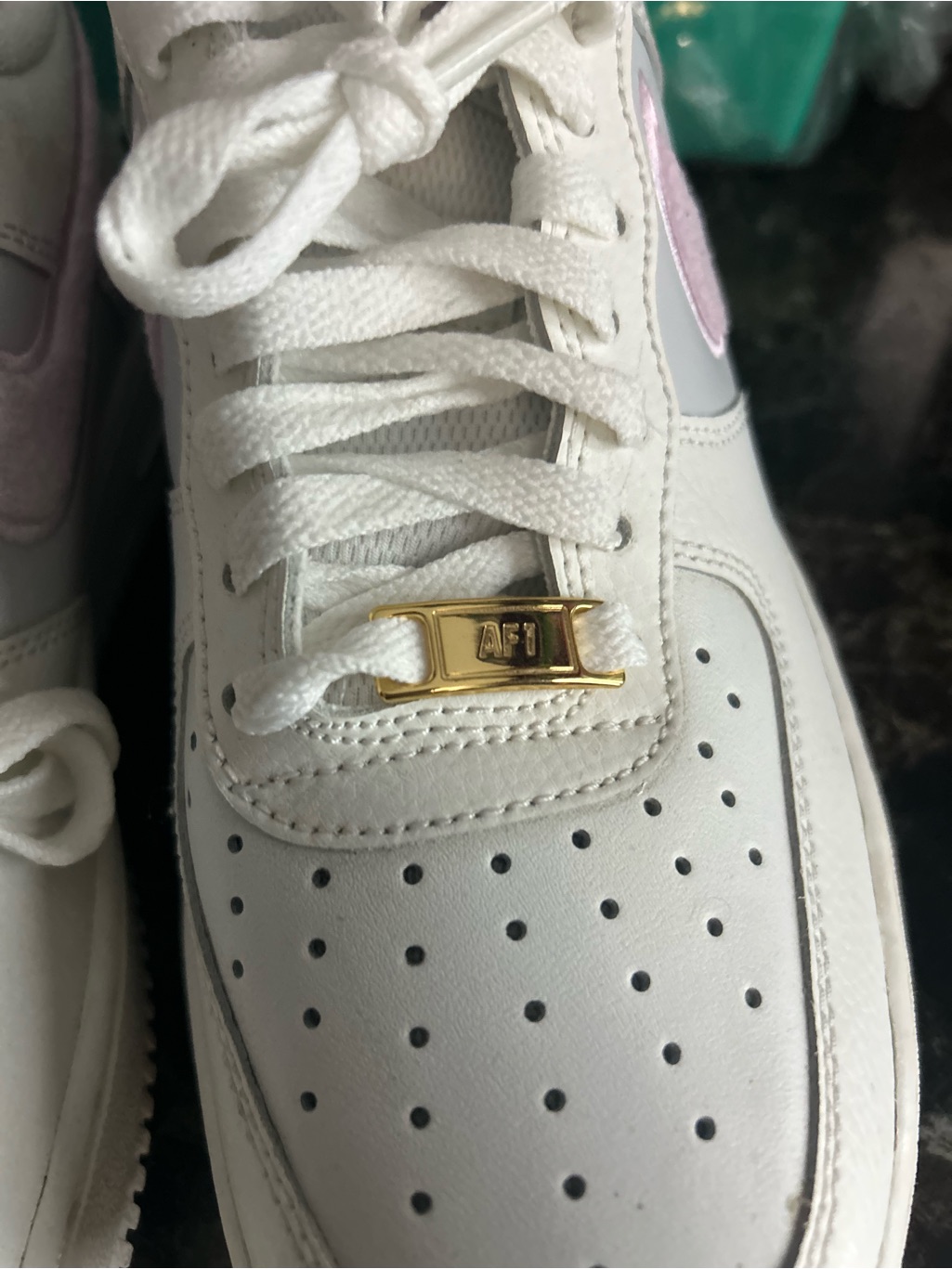 Nike Womenâs White Sneakers With Pink Accent And Gold Af1 Lace Tag